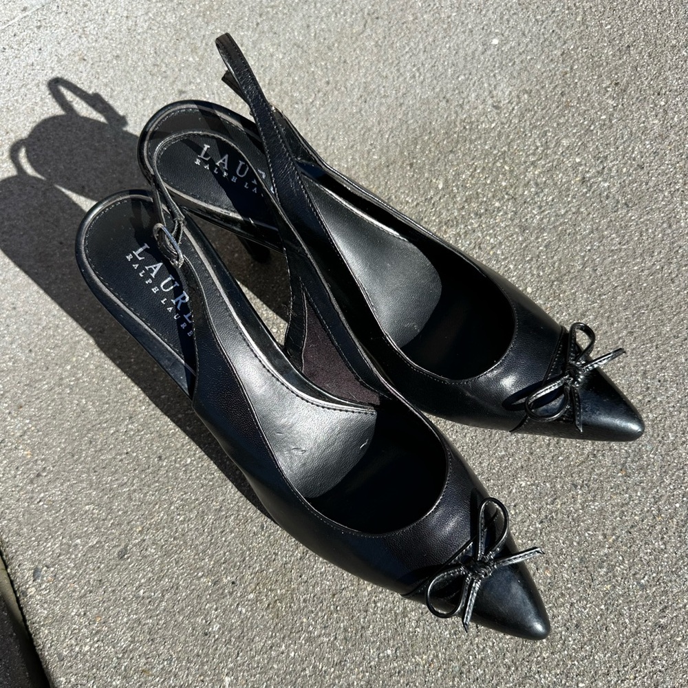Ralph Lauren Leather Bow Sling Back Kitten Heels - Picture 7 of 12